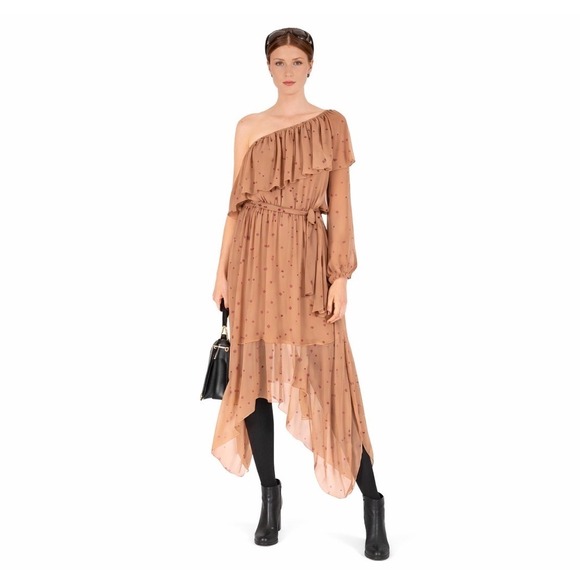 FARM Rio Dresses & Skirts - FARM Rio Women's Brown Ruffle One Shoulder Polka Dot Midi Dress Size Small
